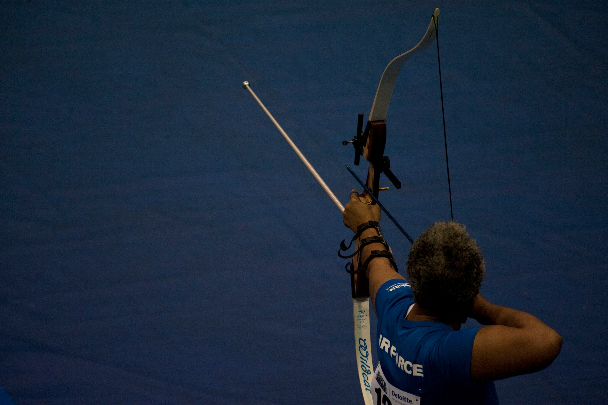 Gwen Sheppard draws back her bowstring for a shot during the archery competition of the 2012 Warrior Games at the U.S. Air Force Academy in Colorado Springs, Colo., May 2, 2012. Sheppard is with the Air Force team. (U.S. Air Force photo/Val Gempis) 