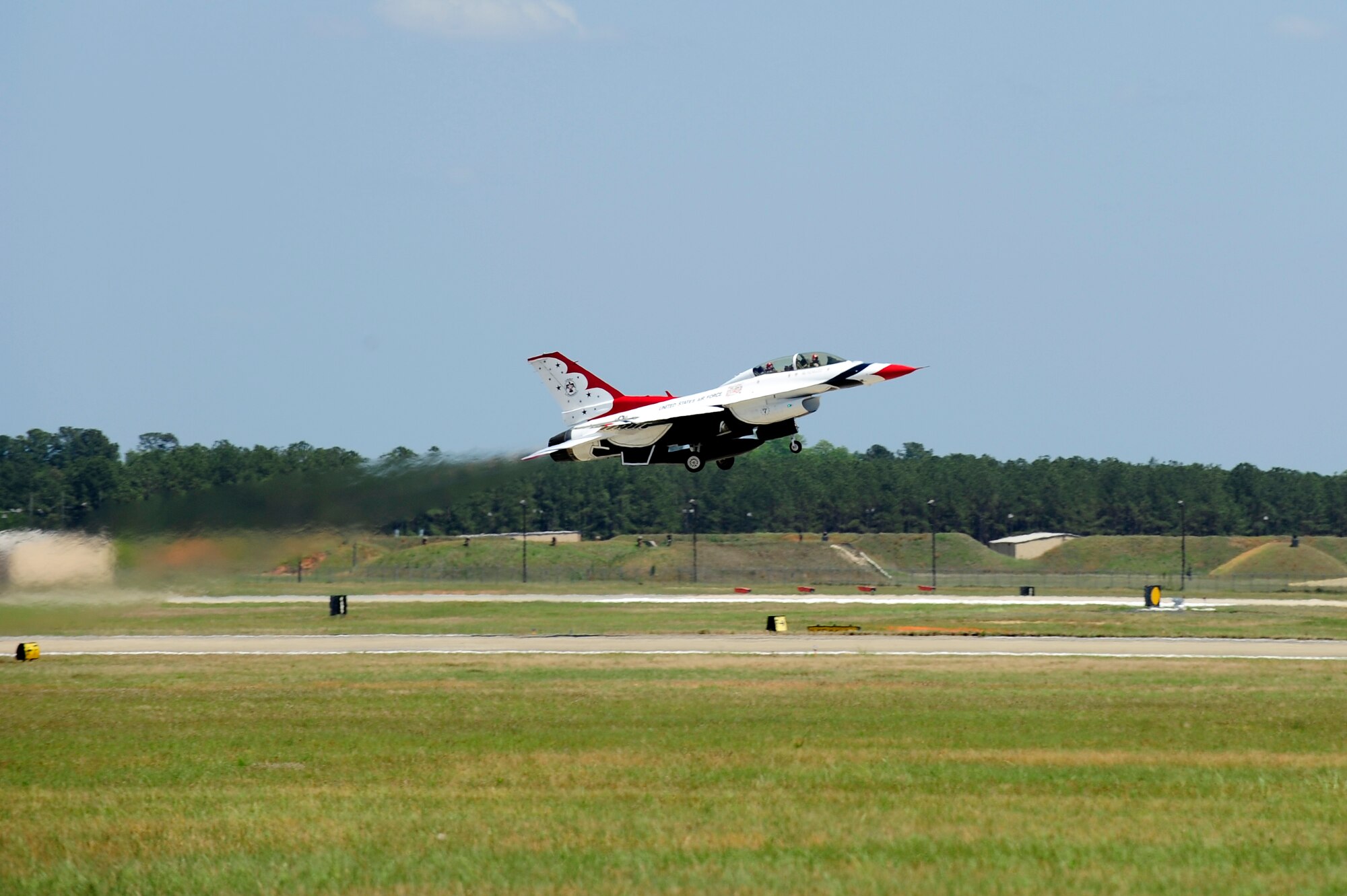 U.S. Air Force Lt. Col. Jason Koltes, operations officer for the U.S. Air Demonstration Squadron Thunderbirds, takes off for a practice flight with Derek Burress, host for the “Good Morning Sumter” broadcast, at Shaw Air Force Base, S.C., May 2, 2012. The Thunderbirds are at Shaw for the Shaw Air Expo on May 5 and 6. The Shaw Air Expo will have static displays of an F-22 Raptor, a KC-135 Extender and other types of aircraft. (U.S. Air Force photo by Airman 1st Class Hunter Brady/Released) 