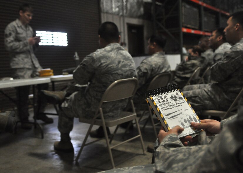 An Airman follows along in the Air Force Pamphlet 10-100, Airman’s Manual, during an explosive ordinance disposal briefing as part of “Ability to Survive and Operate” training May 1, 2012, at Joint Base Lewis-McChord, Wash. (U.S. Air Force photo/Senior Airman Leah Young)