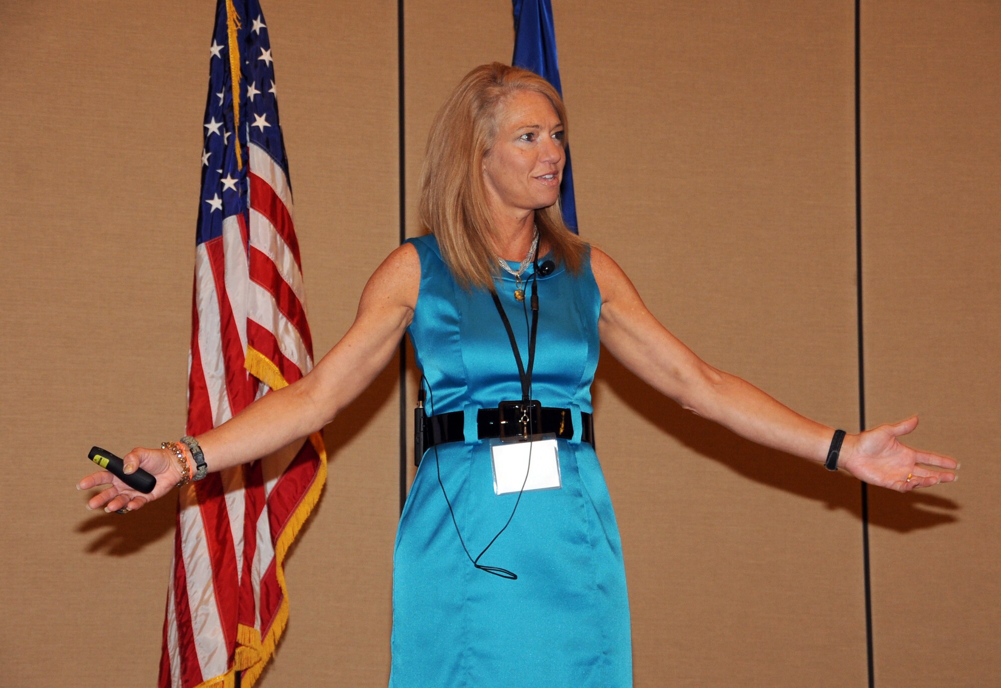 Kaarin Salisbury, guest speaker at Air Force Reserve Command’s Yellow Ribbon event in Orlando, Fla., speaks to pre- and post- deployment Air Force and Marine Reservists and their dependents April 28. Salisbury, a regular Yellow Ribbon volunteer and military spouse, gave tips on dealing with deployment-related changes and stress in a positive manner. (U.S. Air Force photo/Staff Sgt. Anna-Marie Wyant)