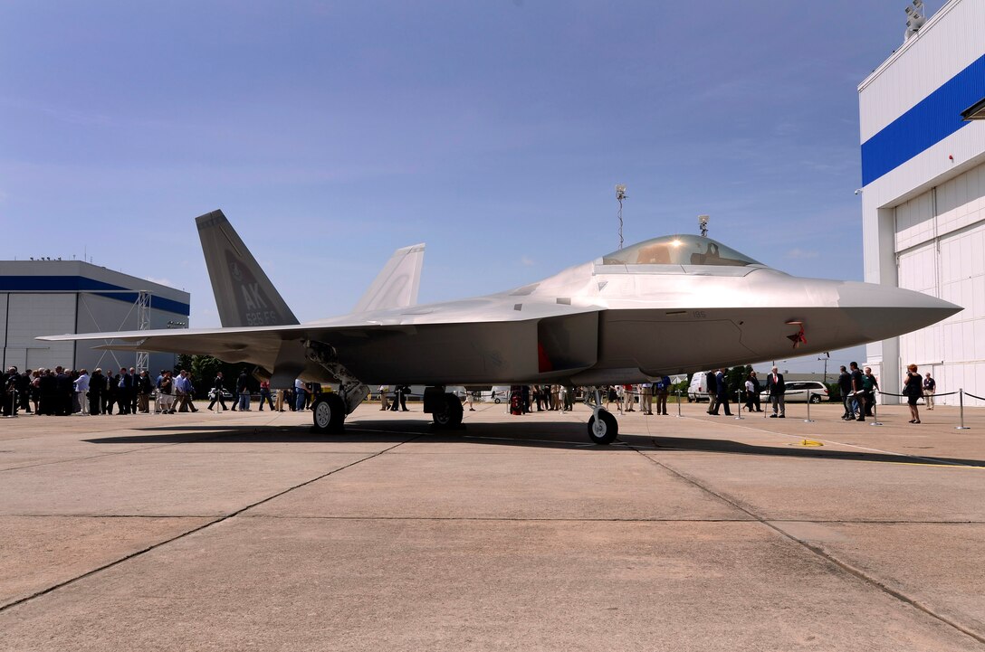 The last production F-22 Raptor sits on the ramp outside the Lockheed production facility at Lockheed Martin Aeronautics Company, Marietta, Ga., May 2. The last production aircraft, number 4195, was turned over to the Air Force in a formal ceremony and was flown to Joint Base Elmendorf-Richardson, Alaska, by Lt. Col. Paul Moga, 525th Fighter Squadron commander. (U.S. Air Force photo/ Brad Fallin)