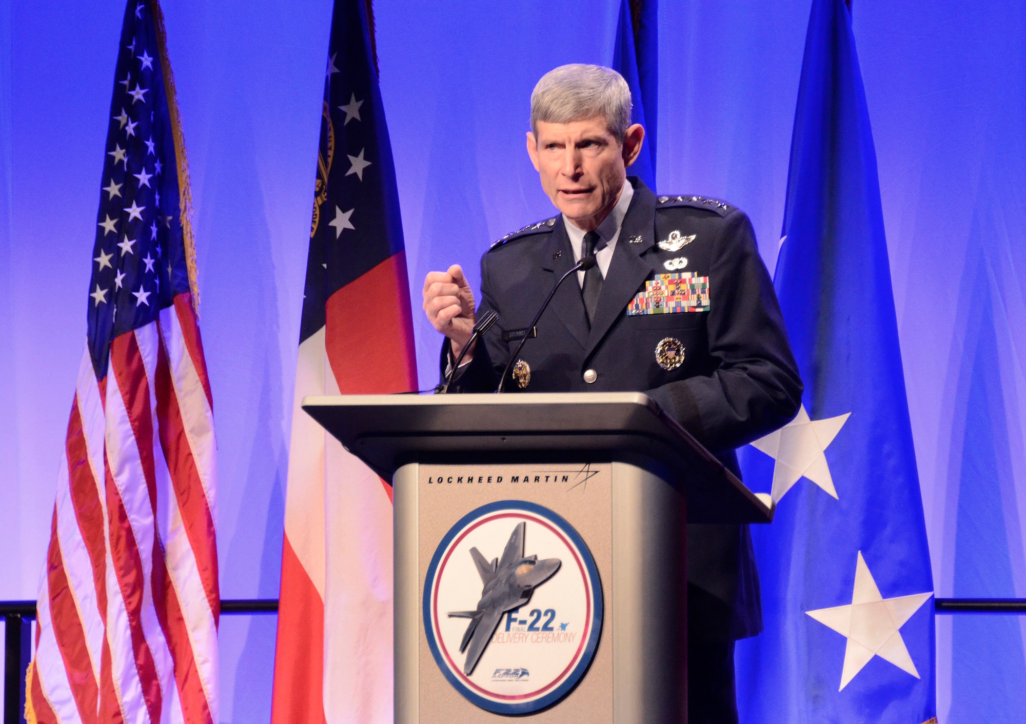 Air Force Chief of Staff, Gen. Norman A. Schwartz, speaks about the significance of the F-22 Raptor during a formal delivery ceremony at Lockheed Martin Aeronautics Company, Marietta, Ga., May 2. The last production aircraft, number 4195, was flown to Joint Base Elmendorf-Richardson, Alaska, by Lt. Col. Paul Moga, 525th Fighter Squadron commander. (U.S. Air Force photo/ Brad Fallin)