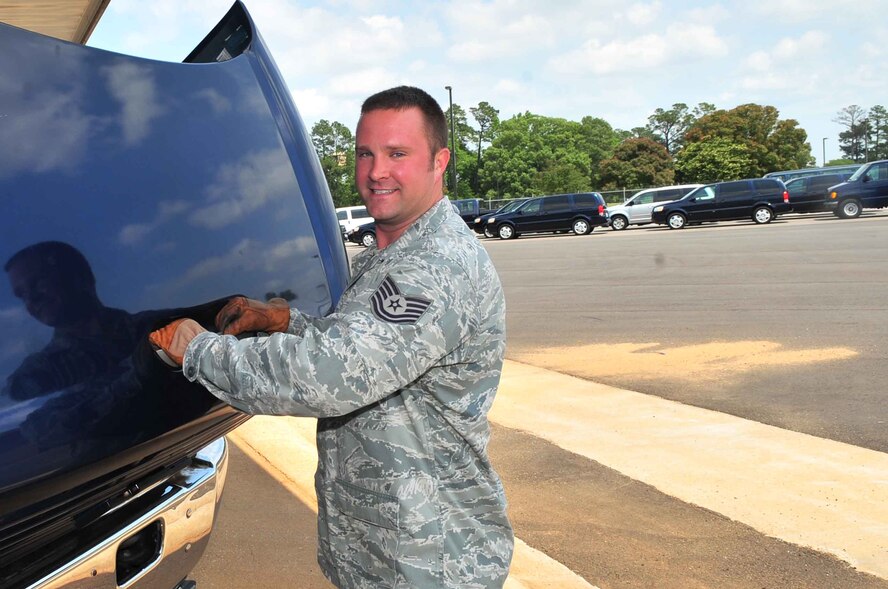 U.S. Air Force Tech. Sgt. Christopher Miley, 20th Logistics Readiness Squadron dispatcher and Shaw Air Expo vehicle coordinator, poses for a photo as the Shaw Spotlight, Shaw Air Force Base, S.C., May 1, 2012. Miley is the Shaw Spotlight for the week of April 30 through May 4. (U.S. Air Force photo by Airman 1st Class Ashley L. Gardner/ Released)
