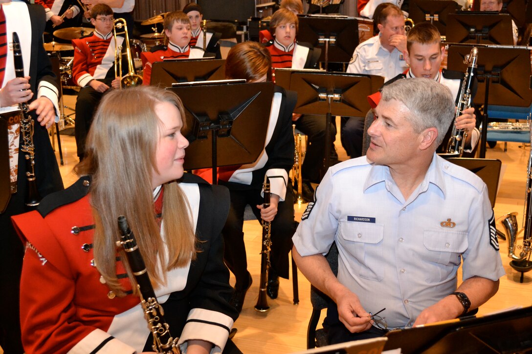 The high school band from Clarinda, Iowa visited the USAFA Band during a spring break tour of the United States Air Force Academy and Peterson AFB.  The Clarinda students enjoyed clinics for their concert band, jazz band, and percussionists while getting a bit of individual instruction on their respective instruments.