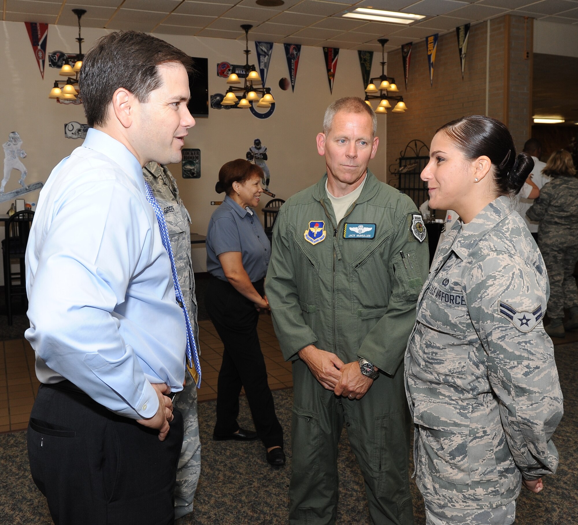 Florida Senator, Marco Rubio, and Brigadier General John McMullen, 325th Fighter Wing commander, met with Airman 1st Class Lizandra Montero, a prior Cuban refugee, during the senator's familiarization visit to Tyndall, May 1. (U.S. Air Force photo by Lisa Norman)