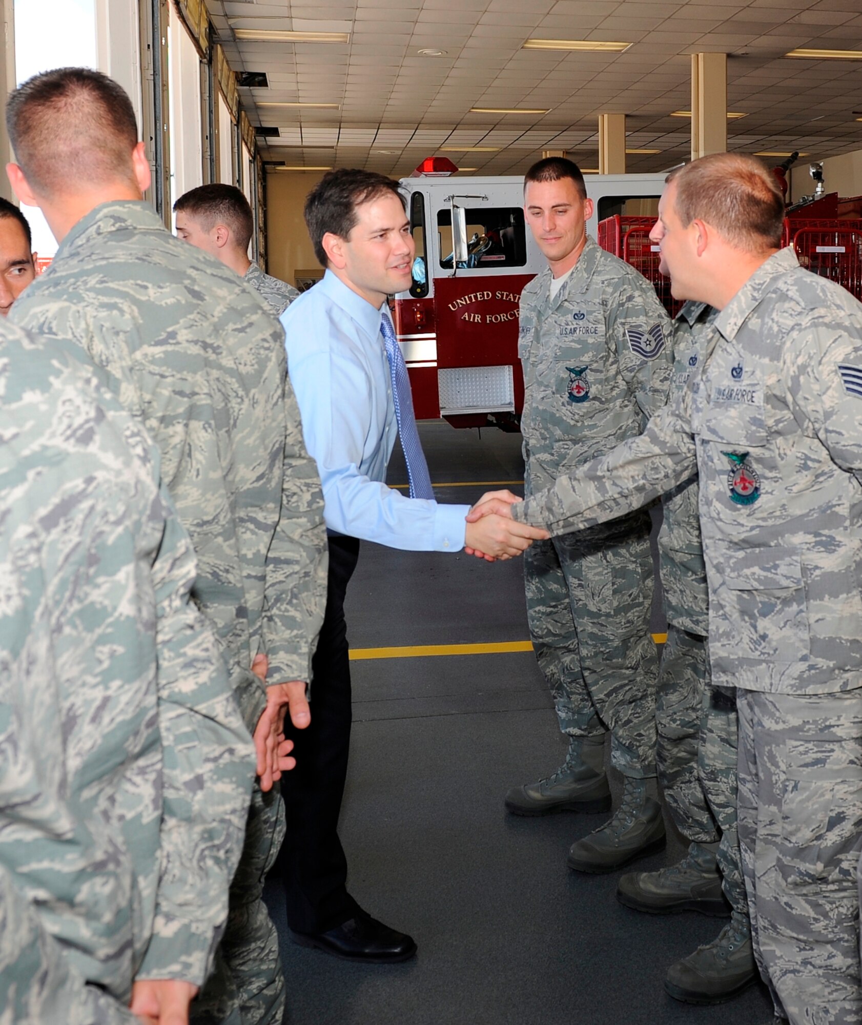 Florida Senator, Marco Rubio, met with the 325th Fighter Wing fire department during his familiarization tour of the base, May 1. (U.S. Air Force photo by Lisa Norman)