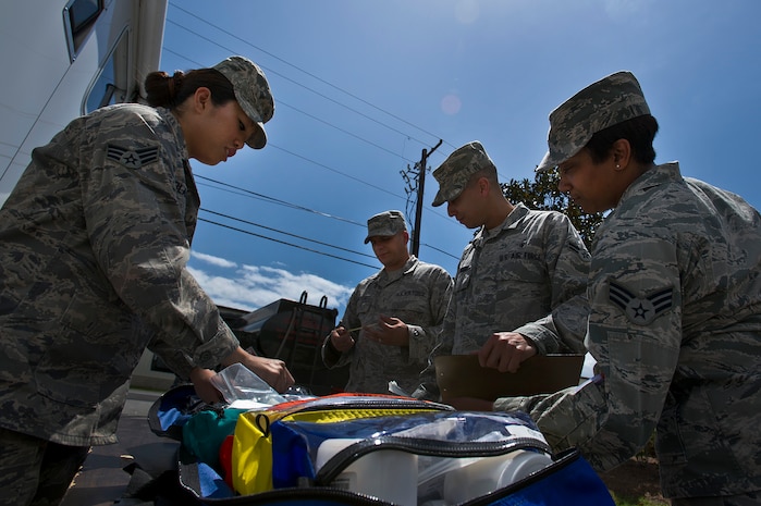 Airmen unpack a Quiksilver chemical and biological testing kit during a demonstration at Joint Base Charleston - Air Base April 16. Bioenvironmental Engineering technicians perform health risk assessments for everyone on base to keep them safe from whatever exposures their job may present. The Airmen are 628th Aerospace Medicine Squadron Bioenvironmental Engineering technicians. (U.S. Air Force photo/Airman 1st Class George Goslin)