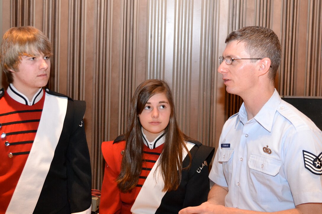 The high school band from Clarinda, Iowa visited the USAFA Band during a spring break tour of the United States Air Force Academy and Peterson AFB.  The Clarinda students enjoyed clinics for their concert band, jazz band, and percussionists while getting a bit of individual instruction on their respective instruments.