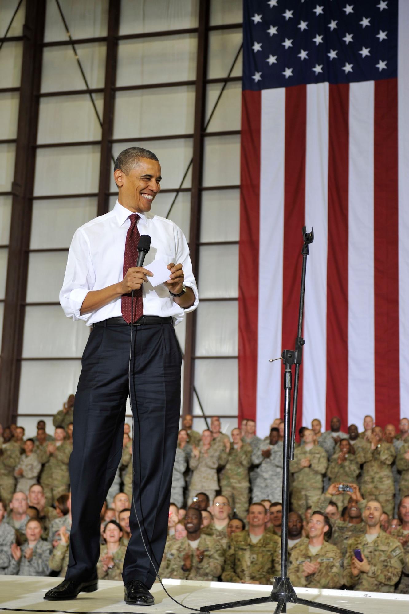 President Barack Obama visits Bagram Airfield, Afghanistan, May 1, 2012, to greet Soldiers, Sailors, Airmen and Marines on the anniversary of the death of al-Qaida leader Osama bin Laden. Obama told the crowd that he is proud of them and that many of the positive events in Afghanistan occurred in part because of the efforts of the U.S. armed services. (U.S. Air Force photo/Airman 1st Class Ericka Engblom)
