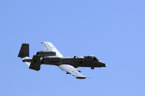 An A-10 Thunderbolt II from the 107th Fighter Squadron flies over the Grayling Aerial Gunnery Range, near Grayling, Mich., April 24, 2012. The Grayling range provides a wide variety of training scenarios for both aircraft and various ground personnel. More than 1,700 air missions are flown every year at the range. (U.S. Air Force photo by TSgt. David Kujawa)