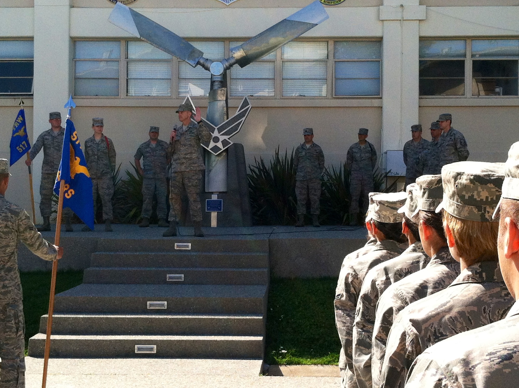 Chief Master Sgt. Scott Lumpkin, 17th Training Wing Command Chief, addresses Airmen during his visit to the Defense Language Institute, Presidio of Monterey, Calif. April 26. Lumpkin, a Korean linguist who attended DLI, motivated and inspired the enlisted staff by validating the work that they do and encouraging them. (U.S. Air Force photo/Master Sgt. Lorene Huffman)