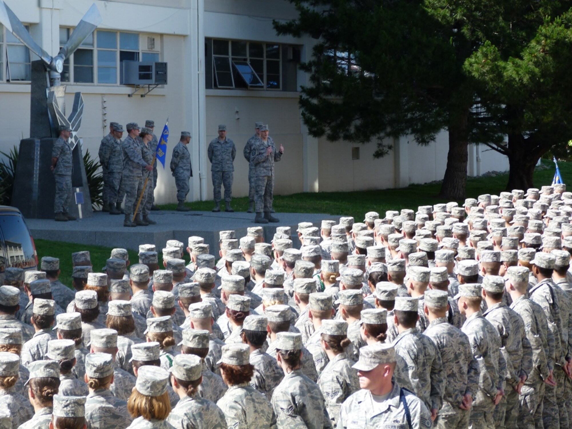 Chief Master Sgt. Scott Lumpkin, 17th Training Wing Command Chief, addresses more than 1200 Airmen during his visit to the Defense Language Institute, Presidio of Monterey, Calif. April 26. Lumpkin, a Korean linguist who attended DLI was able to speak to the staff and students with understanding gained through personal experience. (U.S. Air Force photo/Senior Master Sgt. Charlie Flores)