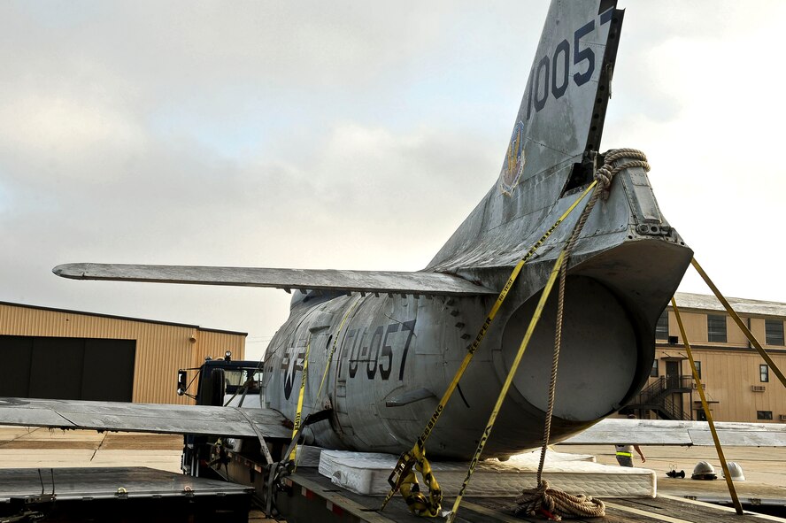 An F-86L Sabre rests on a flatbed truck at Moody Air Force Base, Ga., May 1, 2012. The F-86L Sabre, will undergo an extensive refurbishment before being put on permanent display at President George W. Bush Air Park at Moody Field. (U.S. Air Force photo by Staff Sgt. Ciara Wymbs) 