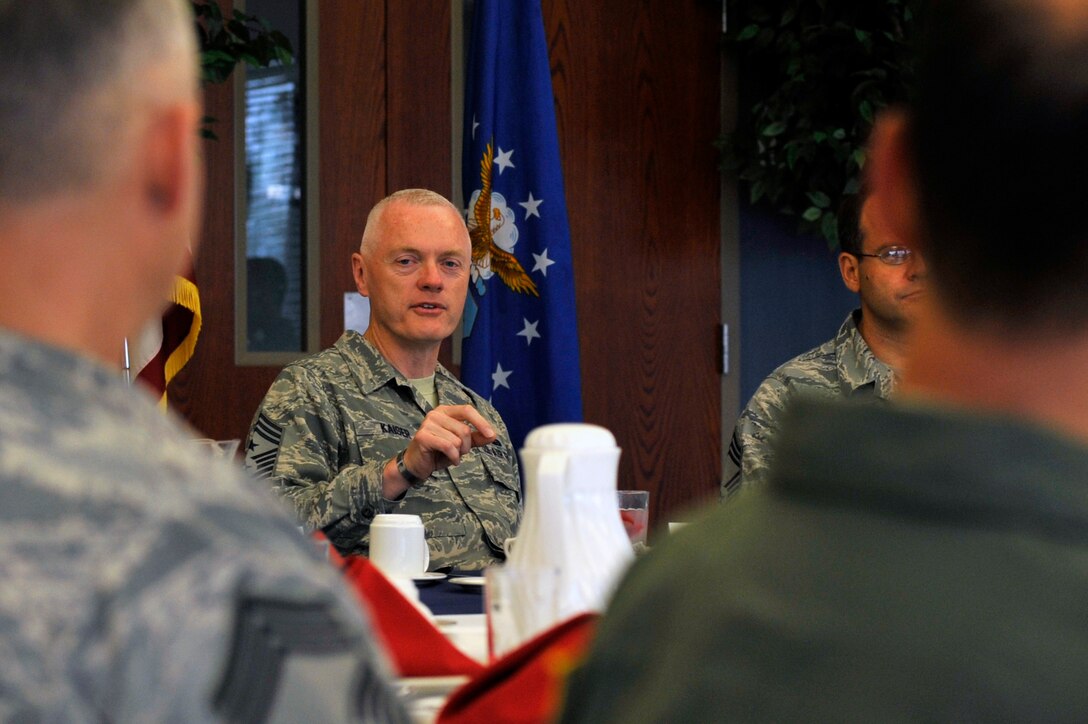 Chief Master Sgt. Richard Kaiser, Air Mobility Command command chief, speaks during the Chiefs Group meeting, May 1, 2012, at Little Rock Air Force Base, Ark. Kaiser spent four days at Little Rock Air Force Base, touring the base and visiting its personnel.  (U.S. Air Force photo by Airman 1st Class Rusty Frank)