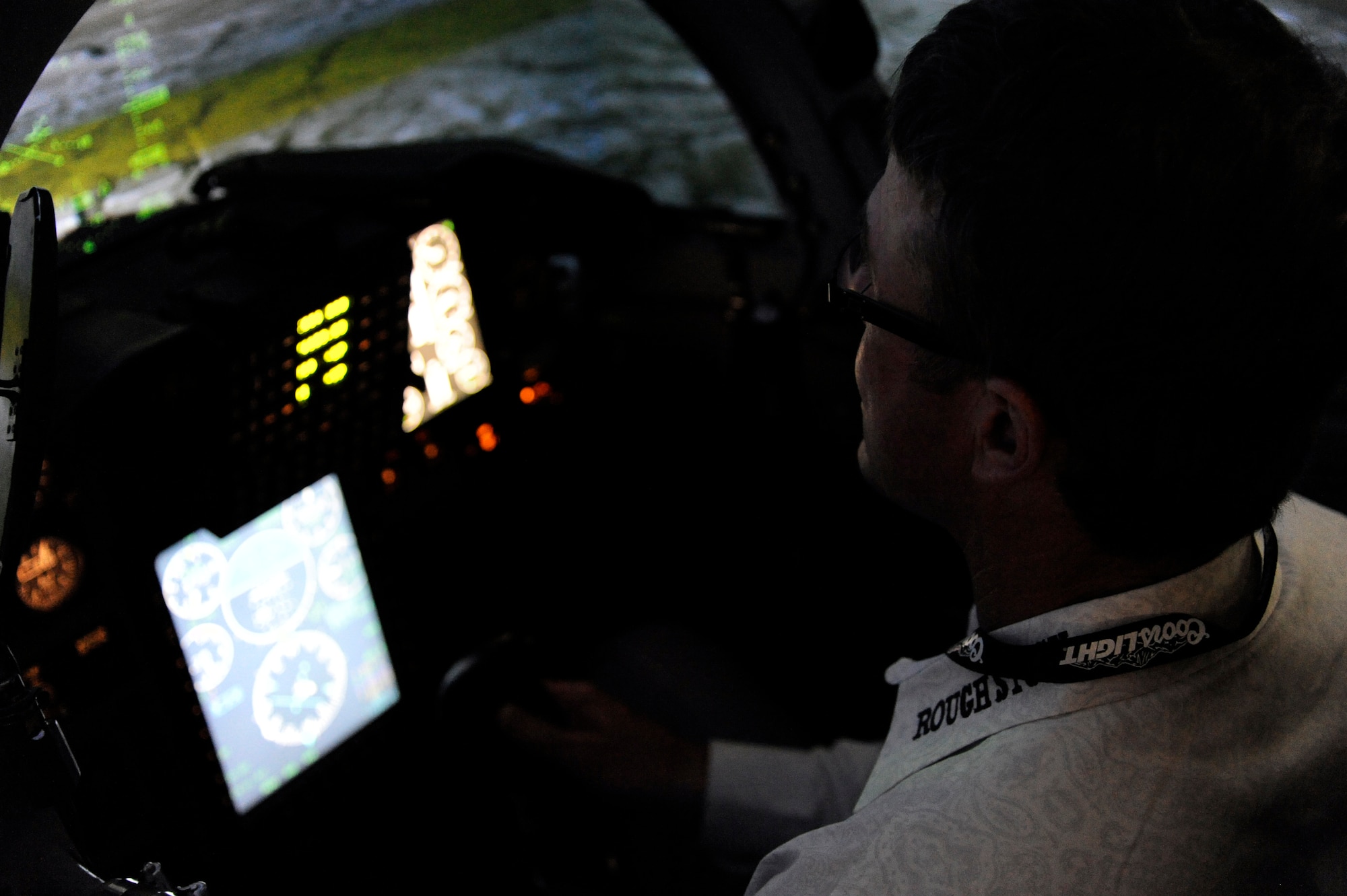 Richard “Tuff” Hedeman, a three-time World Champion bull rider, takes flight in a T-38C Talon simulator at the 47th Flying Training Wing Operations building at Laughlin Air Force Base, Texas, April 27, 2012. The tour offered the six professional bull riders a firsthand look at the 47th FTW’s mission of training world class pilots, deploying mission-ready Airmen and developing professional, disciplined leaders. (U.S. Air Force photo/Airman 1st Class Nathan Maysonet) 