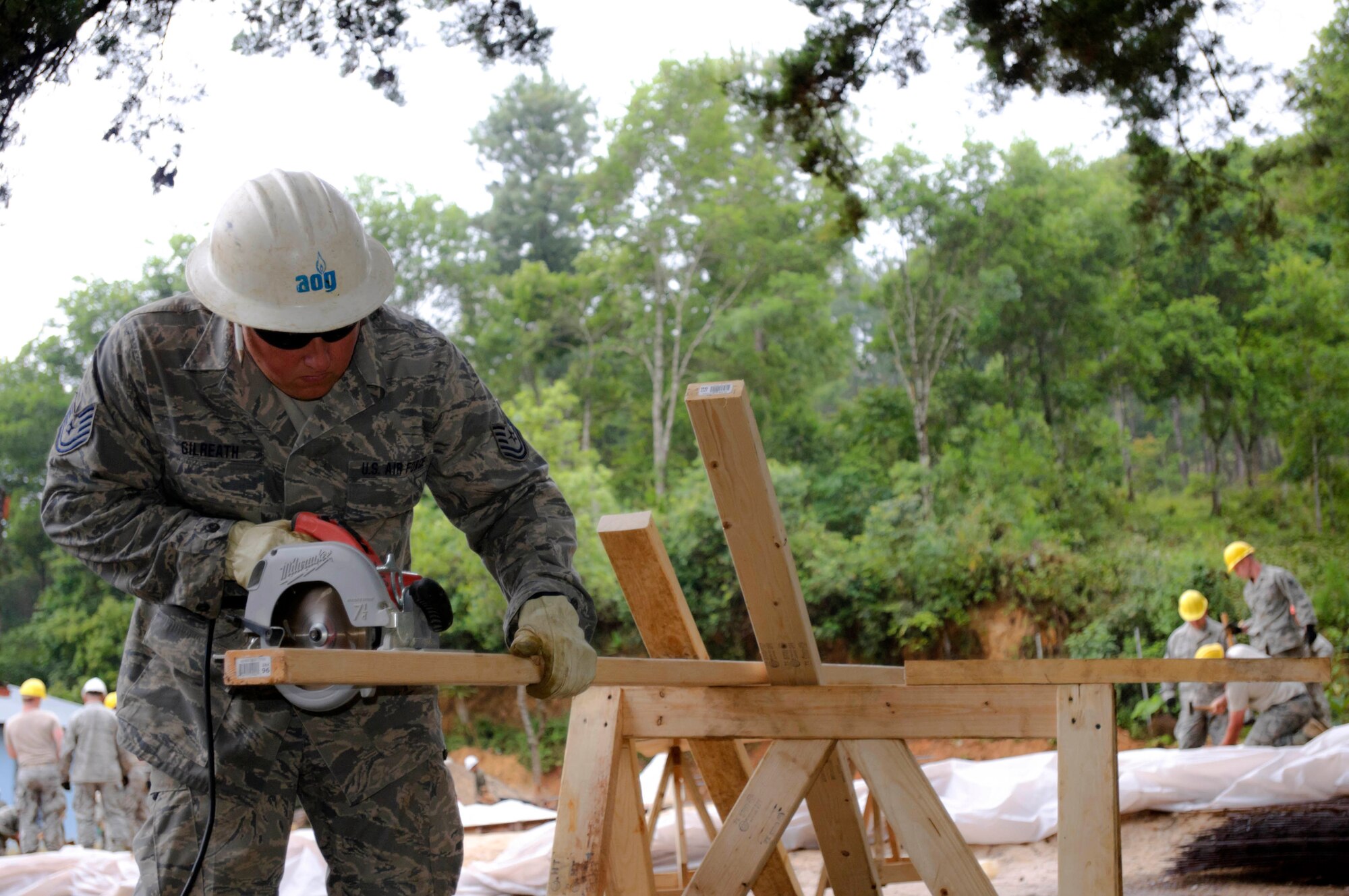 Tech. Sgt. Michael “Scott” Gilreath, a member of the Arkansas Air National Guard’s 188th Civil Engineering Squadron, cuts wood for forms and bracing to be used in the construction of a Guatemalan women’s clinic. Gilreath is deployed to Guatemala in support of Beyond the Horizon 2012, an Army South-led humanitarian aid and military engineering exercise demonstrating U.S. support and commitment to Guatemala. The 188th CES, which is part of the 188th Fighter Wing, sent three teams in three separate two-week rotations to Guatemala. (U.S. Army photo by Spc. Anthony D. Jones)