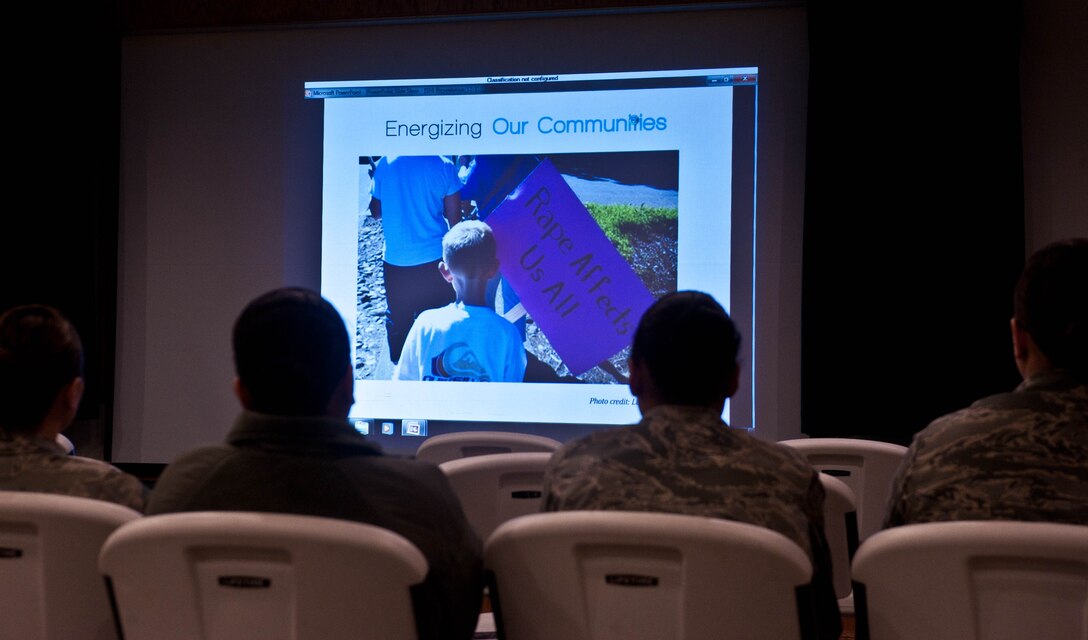 Airmen receive sexual assault victim’s advocate briefings at Ellsworth Air Force Base, S.D., April 27, 2012. Qualified active duty military personnel learn how to provide support and care for victims of sexual assault by accompanying victims to investigation interviews, medical examinations, providing referral information and being present to talk. (U.S. Air Force photo by Airman 1st Class Zachary Hada/Released)