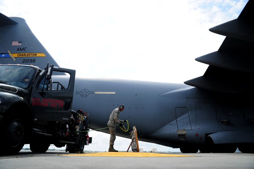 Airman 1st Class Rodrick Defreitas prepares to refuel a C-17 Globemaster III, at Joint Base Charleston - Air base, April 18. The C-17 can hold up to 35,546 gallons of fuel and can carry a maximum of 17,900 pounds and land on runways as short as 3,500 feet which is crucial to resupplying remote areas from the air or ground. Defreitas is from the 628th Logisitcs Readiness Squadron, Fuels Mobility Support Flight.  (U.S. Air Force photo/ Staff Sgt. Nicole Mickle 

