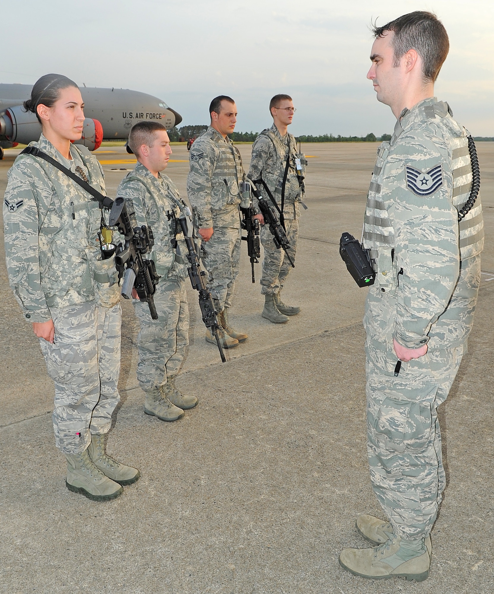 U.S. Air Force Tech. Sgt. Bradford Camp performs a site check at Seymour Johnson Air Force Base, N.C., April 26, 2012. As a flight chief Camp trains his Airmen on all field related procedures and maintains a 100 percent standard evaluation pass rate. Camp, 4th Security Forces Squadron flight chief, hails from Wilmington, N.C. (U.S. Air Force photo/Senior Airman Gino Reyes)