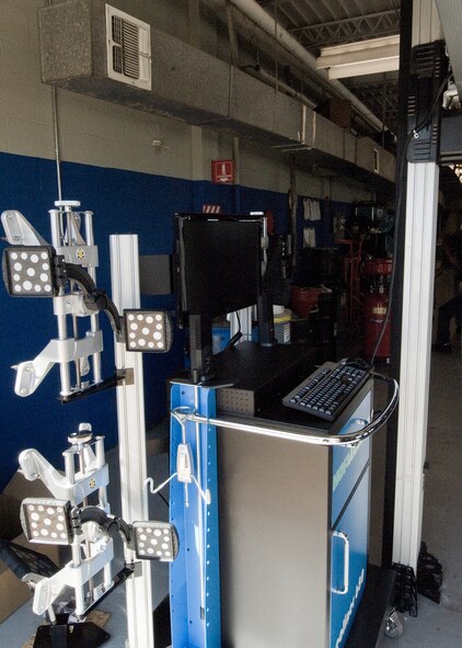 The Dyess Auto Hobby Shop recently received its newest piece of equipment, a Geoliner 680, which is a wheel aligner that uses lasers. The new $40,000 state-of-the-art machine allows auto shop technicians to complete tire alignments with pinpoint accuracy. Correct wheel alignment reduces tire wear, improves fuel efficiency, enhances the comfort of the ride and helps with safe steering. (U.S. Air Force photo by Airman 1st Class Damon Kasberg/Released)