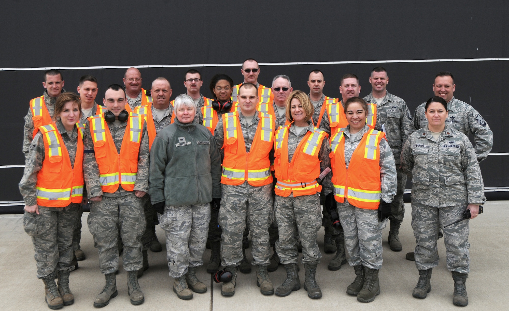 Pictured Left to Right (Back), Tech. Sgt. Andrew Kramer, Master Sgt. Ricky Johnston, Airman 1st Class Alex Bond, Airman 1st Class Eddy Jenks, Airman 1st Class Charles Eyster, Master Sgt. Robert Parks, Master Sgt. Steve Waltzer, (Middle Row) Airman 1st Class Pete Modert, Staff Sgt. Timothy DePue, Airman 1st Class Dinikqua Hilliard, Staff Sgt. Sean Savage, Master Sgt. Jeffrey Rumel, Maj. Wendy Burris, (Front Row) Airman 1st Class Kera Noe, Airman 1st Class Corey Ross, Col. Billie J. Faust, Airman 1st Class Joshua Montgomery, Airman 1st Class Andrea Barber, Maj. Estrella Rodgers, (Not Pictured) Senior Master Sgt. Charles Hatch, Senior Airman Laurence Newnum, Airman 1st Class Brandon Kelso, Senior Airman Joseph Smith, Airman 1st Class William Bailey, Airman 1st Class Nicole May, Airman 1st Class Danny Lewis, Staff Sgt. Stevan Stoutenburg, Staff Sgt. Harold Wasson, Airman 1st Class Jordan Kuhl, Airman 1st Class Andrew Seguin, Airman 1st Class Mathew Cole, Senior Airman Robert Stoutenburg, Staff Sgt. Jeff Tucker , Staff Sgt. Martin Birchmeier, Master Sgt. Pam Lucas, Staff Sgt. Ezekiel Wieland, Senior Master Sgt. Mike Carlson, Master Sgt. Dave Moessinger, Tech. Sgt. Troy Nault, Tech. Sgt. Brian Michael, Staff Sgt. Joey Kidder, Tech. Sgt. Garrett Kozminske, Master Sgt. Todd Burson, Tech. Sgt. Matt Bouwkamp, Master Sgt. Steve Norris, Tech. Sgt. Wes Becker, Senior Airman Lloyd Corston, Tech. Sgt. Marc Hall, Staff Sgt. Isaac Laroy, Staff Sgt. Pete Sorensen, Staff Sgt. Brandon Turner, Security Forces Personnel, (Donations provided by the Red Cross, Club 64, and Family Support) Ms. Robin Rogers, Joy Neulieb, Daryl Herrman, Steve Peck, Sandy Peck, Caitlin Barrington-Reed, Joyce Hanger, Tiffany Maddux, Carol O’Connell, Kim VanNortwick