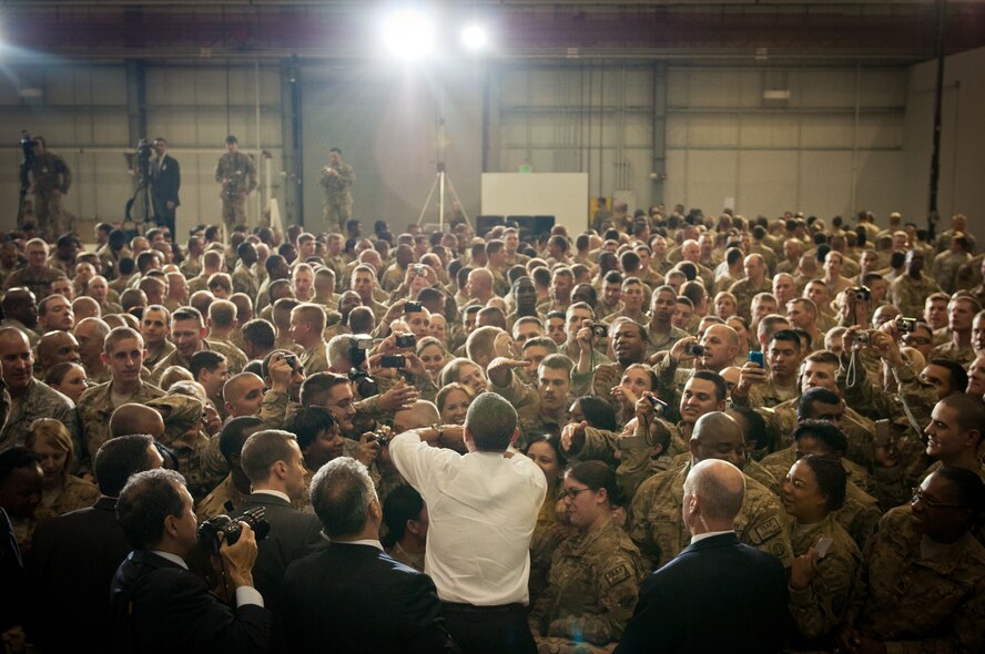 President Barack Obama interacts with troops on Bagram Air Field, Afghanistan, May 2. DOD photo by Sgt. Roland Hale, Combined Joint Task Force 1 – Afghanistan (released)