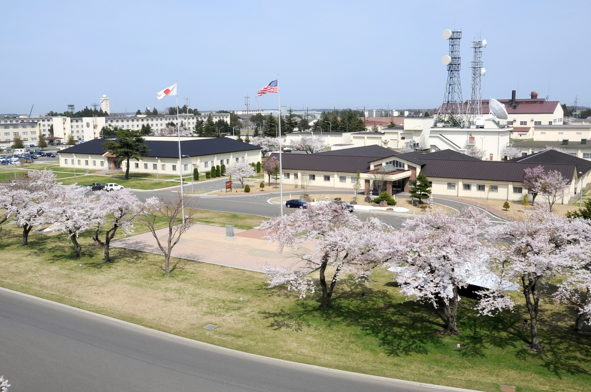 Cherry blossoms are in bloom in Risner Circle at Misawa Air Base, Japan, May 02, 2012. Cherry blossom trees decorate the base throughout the year but are most noticeable during springtime. (U.S. Air Force photo by Airman 1st Class Kaleb Snay/Released)