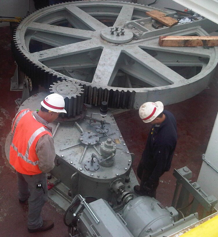 Portland District closed The Dalles navigation lock May 24-26, 2011, to repair a gearbox that operates the mechanism for opening and closing the north leaf of the downstream gate. 

The initial assessment was that one or more bearings in the gearbox were failing, which could lead to more significant damage to other gate components and an unplanned, extended repair outage.

However, damage to the bearings, gears and shafts was less than anticipated after the gearbox was opened, drained, disassembled and cleaned.

his maintenance should allow the gearbox to function until it is replaced during the next regularly-scheduled maintenance outage in March 2012.

