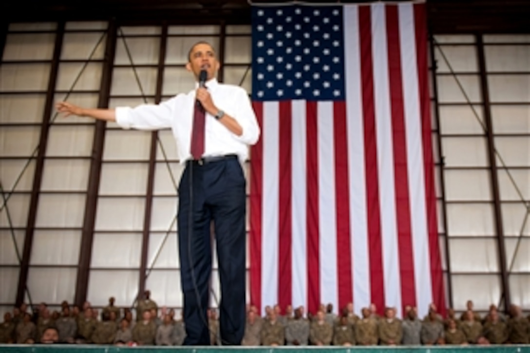 U.S. President Barack Obama speaks to troops serving on Bagram Airfield, Afghanistan, during a surprise visit there, May 2, 2012. Obama announced that he signed a strategic partnership agreement with Afghan President Hamid Karzai detailing the relationship between the United States and Afghanistan as the war there nears an end. 