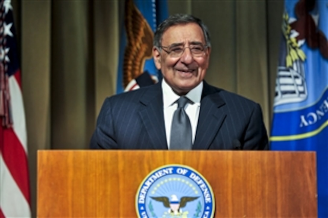 Defense Secretary Leon E. Panetta delivers remarks at the Pentagon Force Protection Agency's 10th anniversary event at the Pentagon, May 2, 2012. The agency was established May 3, 2002, in response to the Sept. 11, 2001, terror attacks and the October 2001 anthrax attacks.