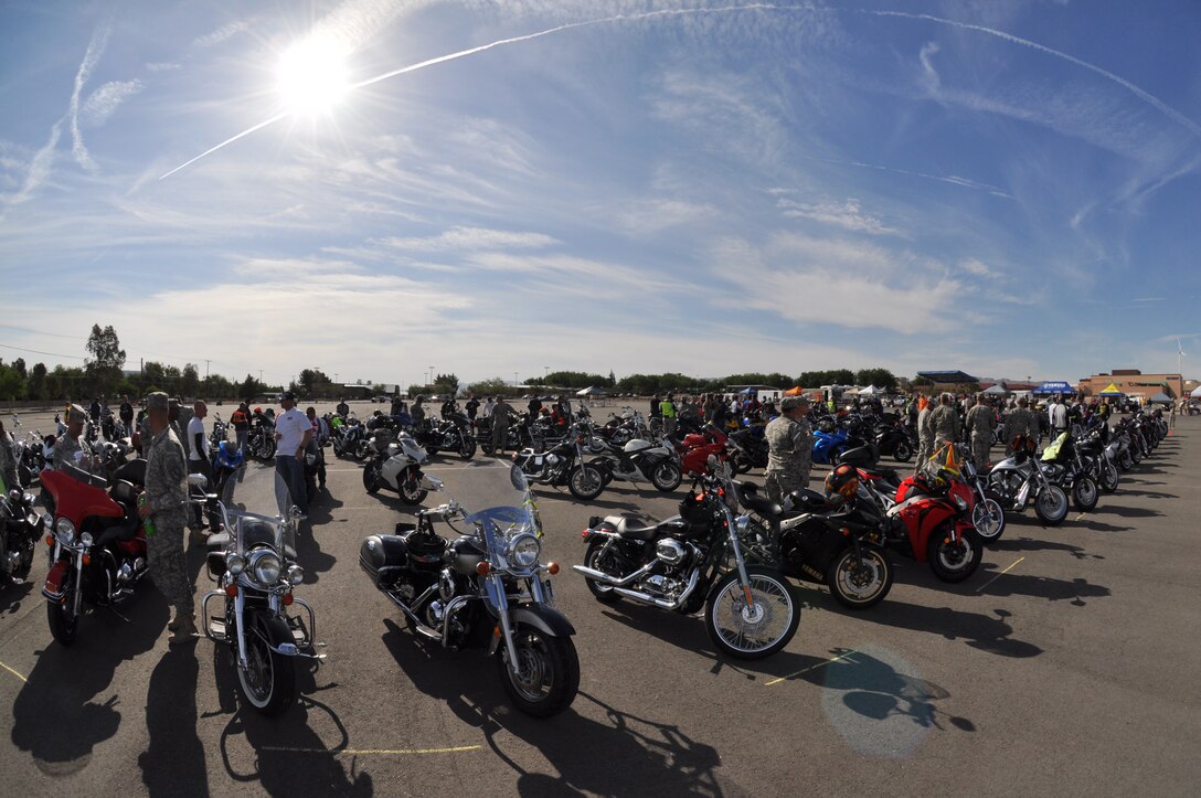 Guests of inagural Motorcycle Rodeo and Safety Event held aboard Marine Corps Logistics Base Barstow, May 2, park their bikes before the day's activites begin. More than 100 motorcycles showed up to the rodeo for many reasons, from showing off riding skills to capturing the title of "best bike."