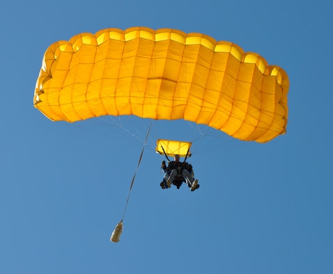 A member of Team Beale soars above Lincoln Regional Airport, Calif., during Team Beale’s Jump Into Prevention skydiving event April 27, 2012. Team Beale members skydived at an approximate altitude of 13,000 feet to raise sexual assault awareness.