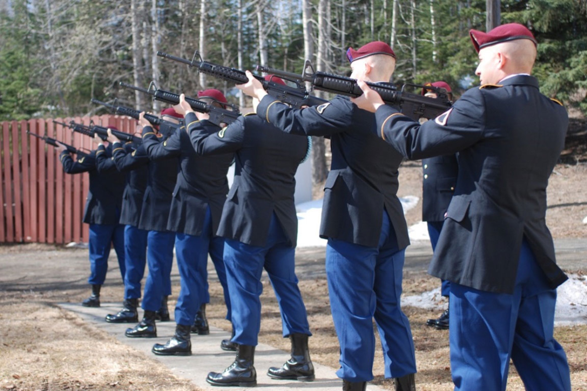 Paratroopers fire the first volley of a three-volley salute at the April 26 memorial for Spc. Jeffrey White, 1st Battalion (Airborne), 501st Infantry Regiment, who was killed in combat April 3 during an improvised explosive device attack in Khowst province, Afghanistan. (U.S. Army photo/Staff Sgt. Matthew E. Winstead)