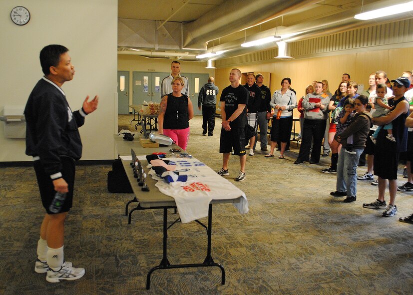 Col. H.B. Brual, 341st Missile Wing commander, offers some words of wisdom to the participants of the volleyball tournament April 28. (U.S. Air Force photo/Airman 1st Class Cortney Paxton)
