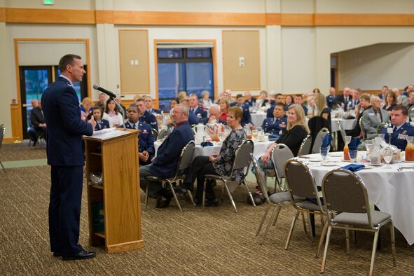 Col. Mark Zimmerhanzel, 819th RED HORSE Squadron commander, addresses those attending the Retiree's Appeciation Dinner. (U.S. Air Force photo/Beau Wade)