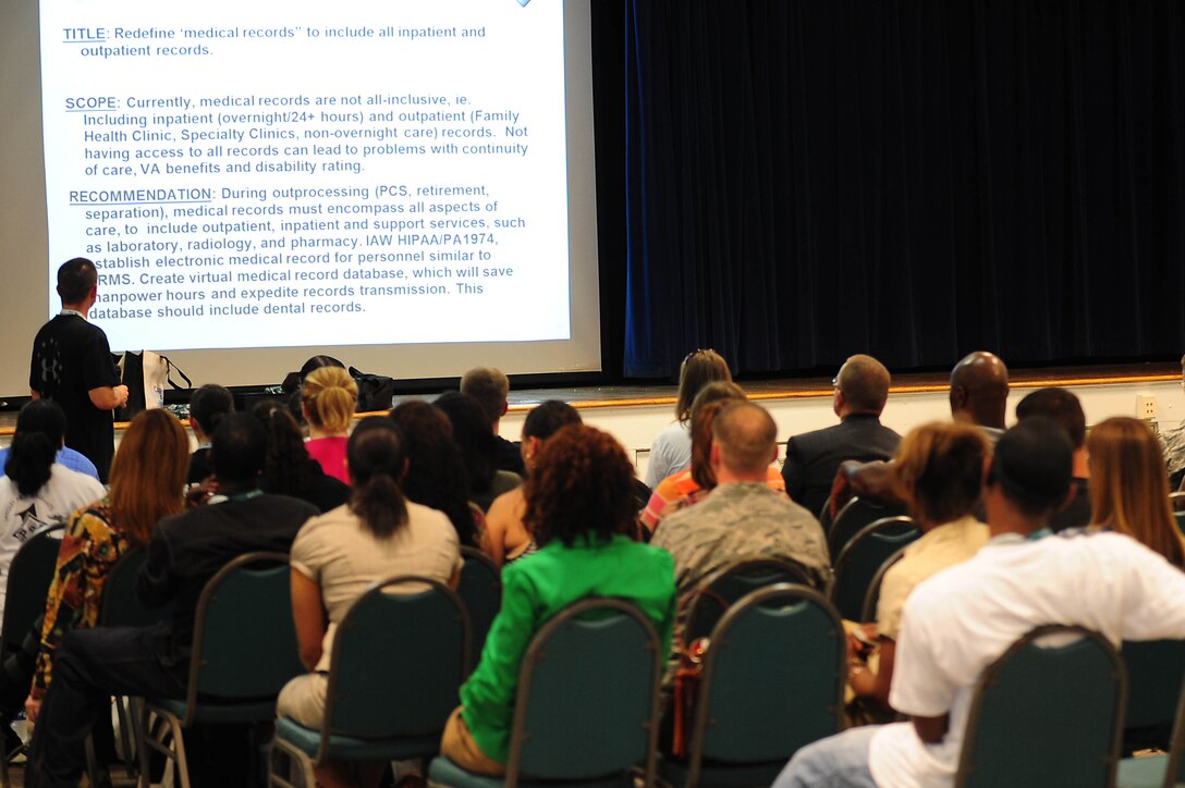 Men and women from Langley Air Force Base, Va., participate in the 2012 Caring for People Forum, May 2, 2012.  The forum is designed to share ideas toward improving Air Force quality of life for Airmen and family members.  (U.S. Air Force photo by Airman 1st Class Kayla Newman/Released)