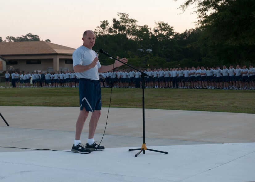 U.S. Air Force Maj. Gen. Mark Atkinson, Air Combat Command director of logistics, speaks to Airmen from the 23d Maintenance Group before a sports day formation run at the George W. Bush Air Park at Moody Field on Moody Air Force Base, Ga., April 27, 2012.  Atkinson was the guest speaker for the 2011 Maintenance Professional of the Year banquet and participated in the run before his departure from base. (U.S. Air Force photo by Senior Airman Eileen Meier/Released)