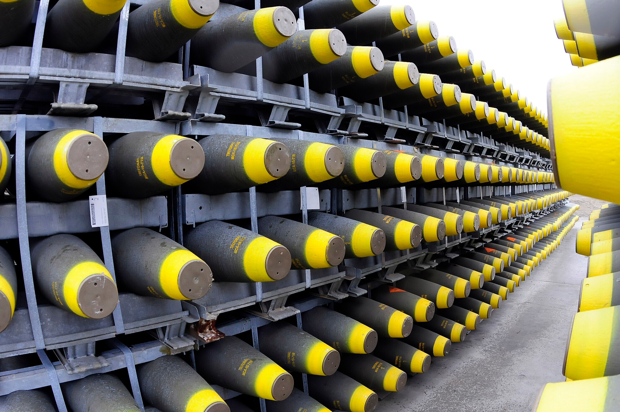 Rows of Mark 82 bombs line the ammo storage area on Quarry Hill April 30, 2012, Eielson Air Force Base, Alaska, in preparation for upcoming exercises. The 500-pound Mark 82 is an unguided, low-drag, general-purpose bomb and will be used by pilots during aerial combat training exercises such as RED FLAG – Alaska at Eielson. (U.S Air Force photo/Airman 1st Class Zachary Perras)