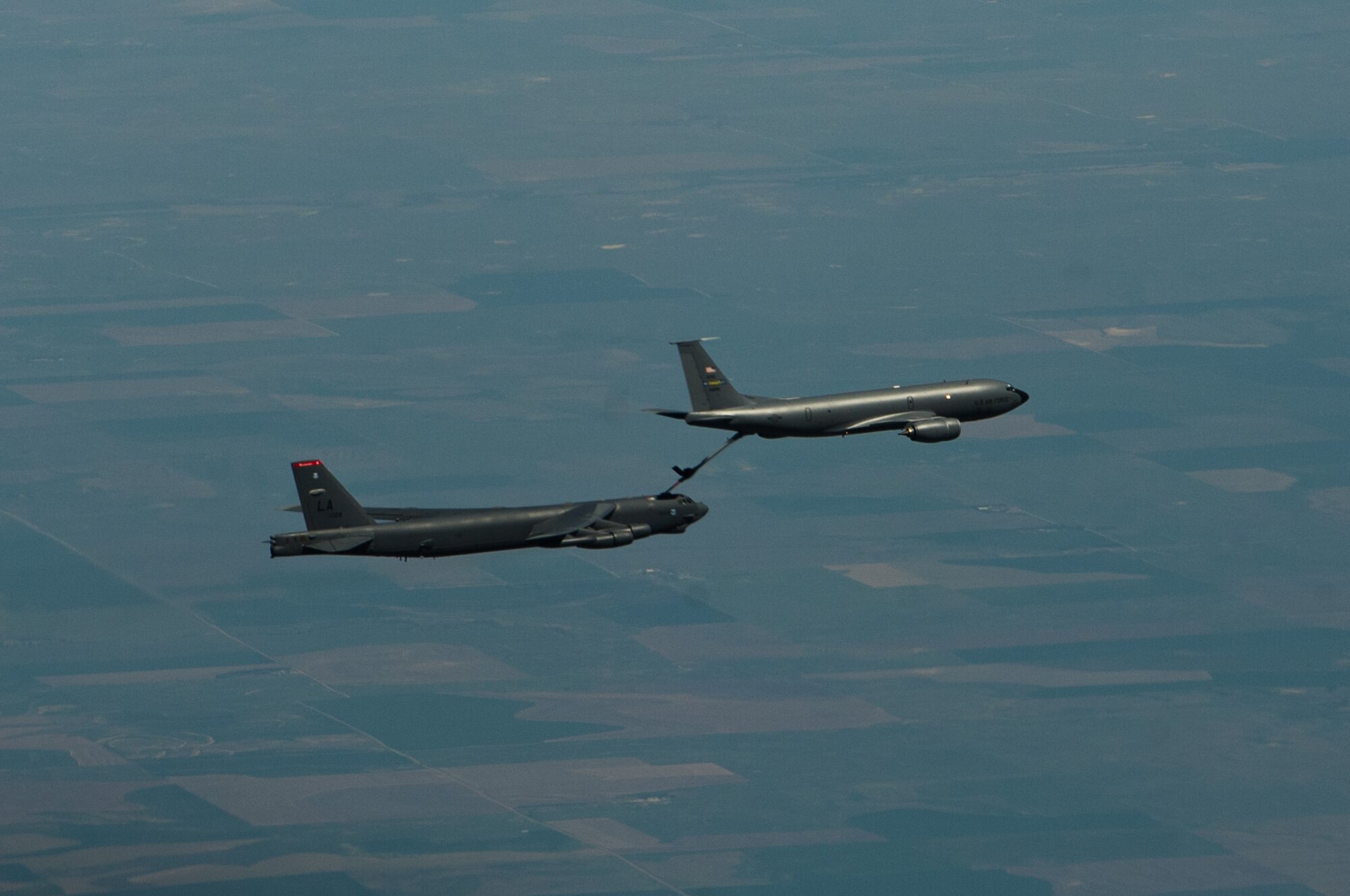 BARKSDALE AIR FORCE BASE, La. - A KC-135 Stratotanker refuels a B-52H Stratofortress during a training mission April 18 over Barksdale Air Force Base, La. This year marks the 60th year of aviation for the B-52H. (U.S. Air Force photo/Staff Sgt. Jonathan Snyder)