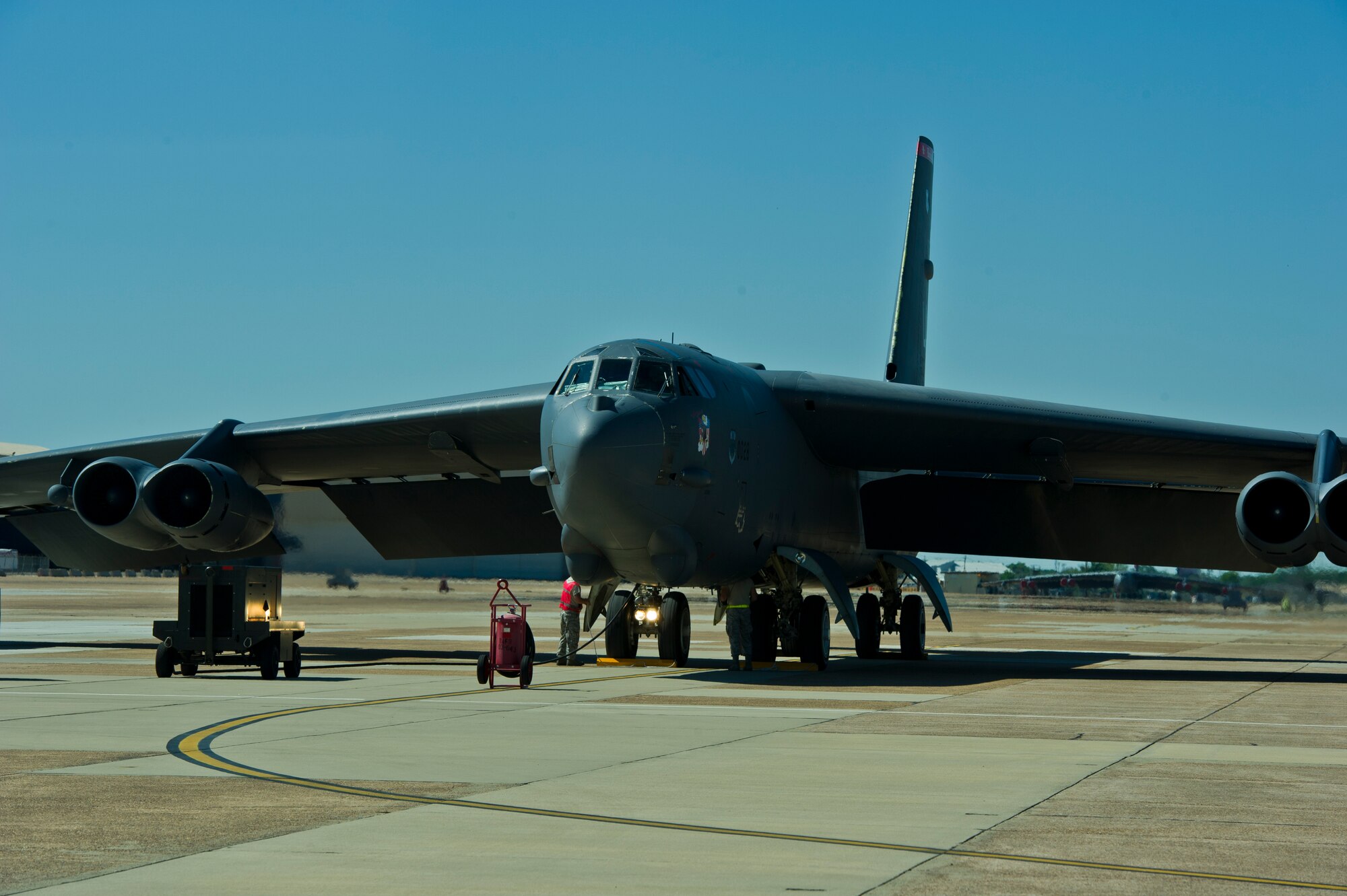 BARKSDALE AIR FORCE BASE, La. - Crew members from the 96th Bomb Squadron, Barksdale Air Force Base, La., return from an 8-hour training flight on a B-52H Stratofortress, April 18. The training allows the air crew to practice numerous capabilities for the B-52H, including nuclear and conventional missions, rapid global strike capabilities and the ability to reach hardened targets anytime, anywhere. (U.S. Air Force photo/Senior Airman Marleah Miller)  