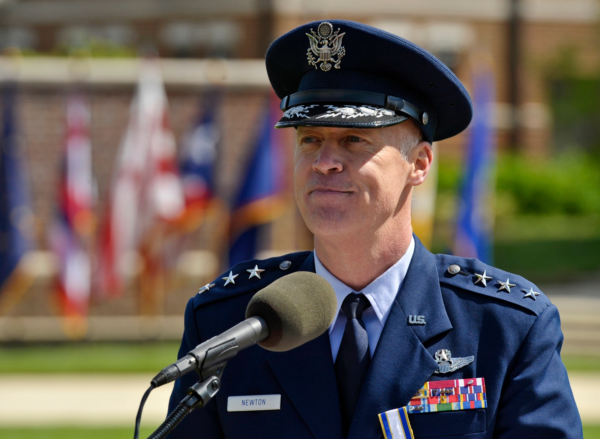 Lt. Gen. Richard Y. Newton III, Assistant Vice Chief of Staff and Director, Air Staff, Headquarters U.S. Air Force, delivers remarks following his retirement ceremony hosted by Air Force Chief of Staff Gen. Norton Schwartz on Joint Base Anacostia-Bolling, D.C., on April 27, 2012.  Newton retires after 34 years of active military service.  (U.S. Air  Force photo/Michael J. Pausic)