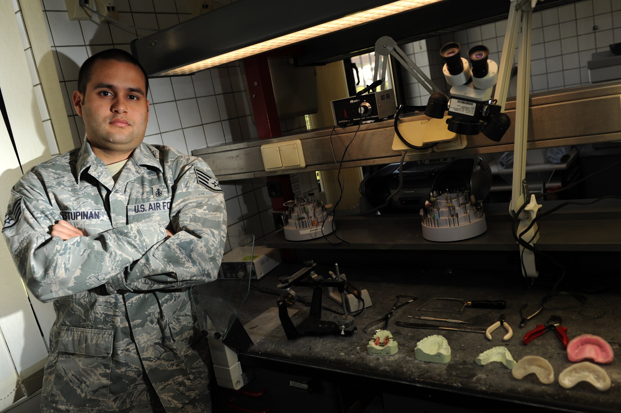 SPANGDAHLEM AIR BASE, Germany -- Staff Sgt. Victor M. Estupinan, 52nd Dental Squadron dental laboratory craftsman, is the Super Saber Performer for the week of May 3 – May 9. (U.S. Air Force photo by Airman 1st Class Matthew B. Fredericks/Released)