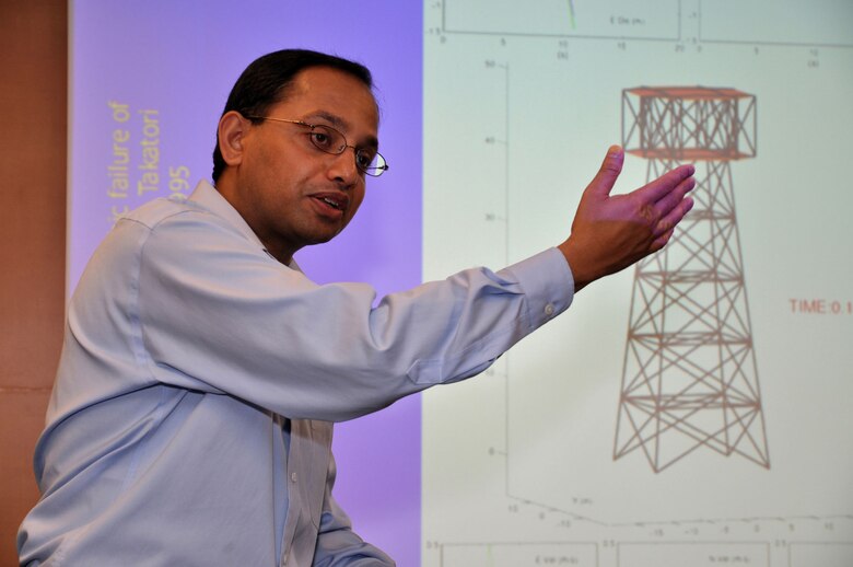 LOS ANGELES, Calif. — Dr. Swaminathan Krishman and his colleagues at the California Institute of Technology are trying to answer a critical question. What is going to happen to modern, tall buildings when an event like a 7.9 magnitude quake happens? Krishman spoke during a "brown bag" luncheon held for professional development and, on occasions like this, to inform employees so they are better prepared for the "big one," at the U.S. Army Corps of Engineers Los Angeles district headquarters here, Apr. 24, 2012.