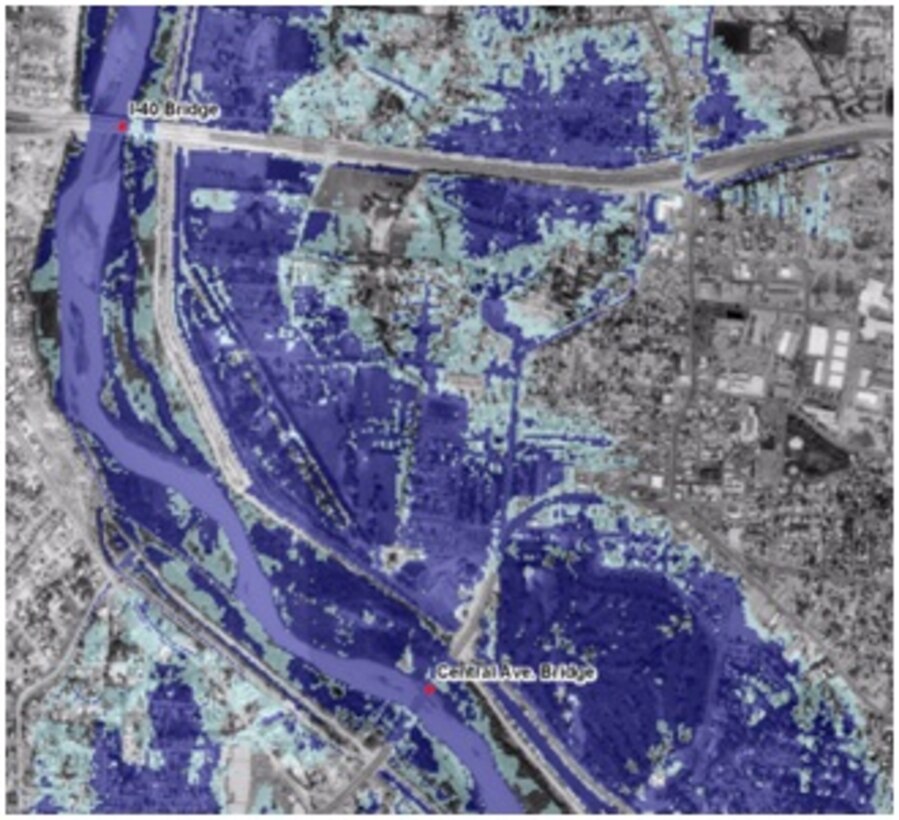 ALBUQUERQUE LEVEES, N.M.-- Maximum Inundation Depth from 100-Year Rainfall Hydrograph without Certification – looking north between Central Ave and I-40