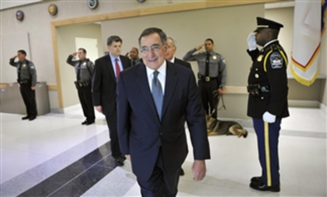 Secretary of Defense Leon E. Panetta is greeted with an honor cordon as he arrives at the Pentagon Force Protection Agency's 10-year anniversary celebration at the Pentagon on May 2, 2012.  PFPA was established as a Defense Agency on May 3, 2002, in response to the Sept. 11, 2001, terror attacks and the October 2001 anthrax attacks. 
