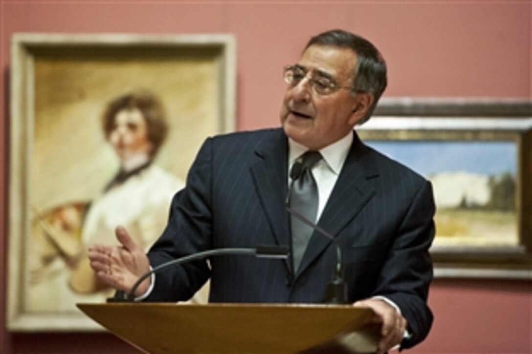 Defense Secretary Leon E. Panetta speaks at an annual reception for the Environmental Defense Fund at the Renwick Gallery in Washington, D.C., May 2, 2012. Panetta thanked the organization for recognizing Defense Department efforts to make military bases and equipment more efficient and environmentally friendly.