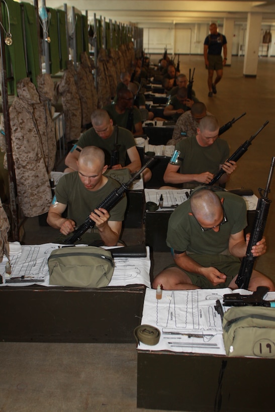 Recruits practice proper weapons maintenance to ensure their rifle functions properly. Recruits clean their weapons forty-five minutes to an hour while at the range. Every Marine must know how to take care of their weapon because if it isn't properly maintained it could jam costing a Marine their life.