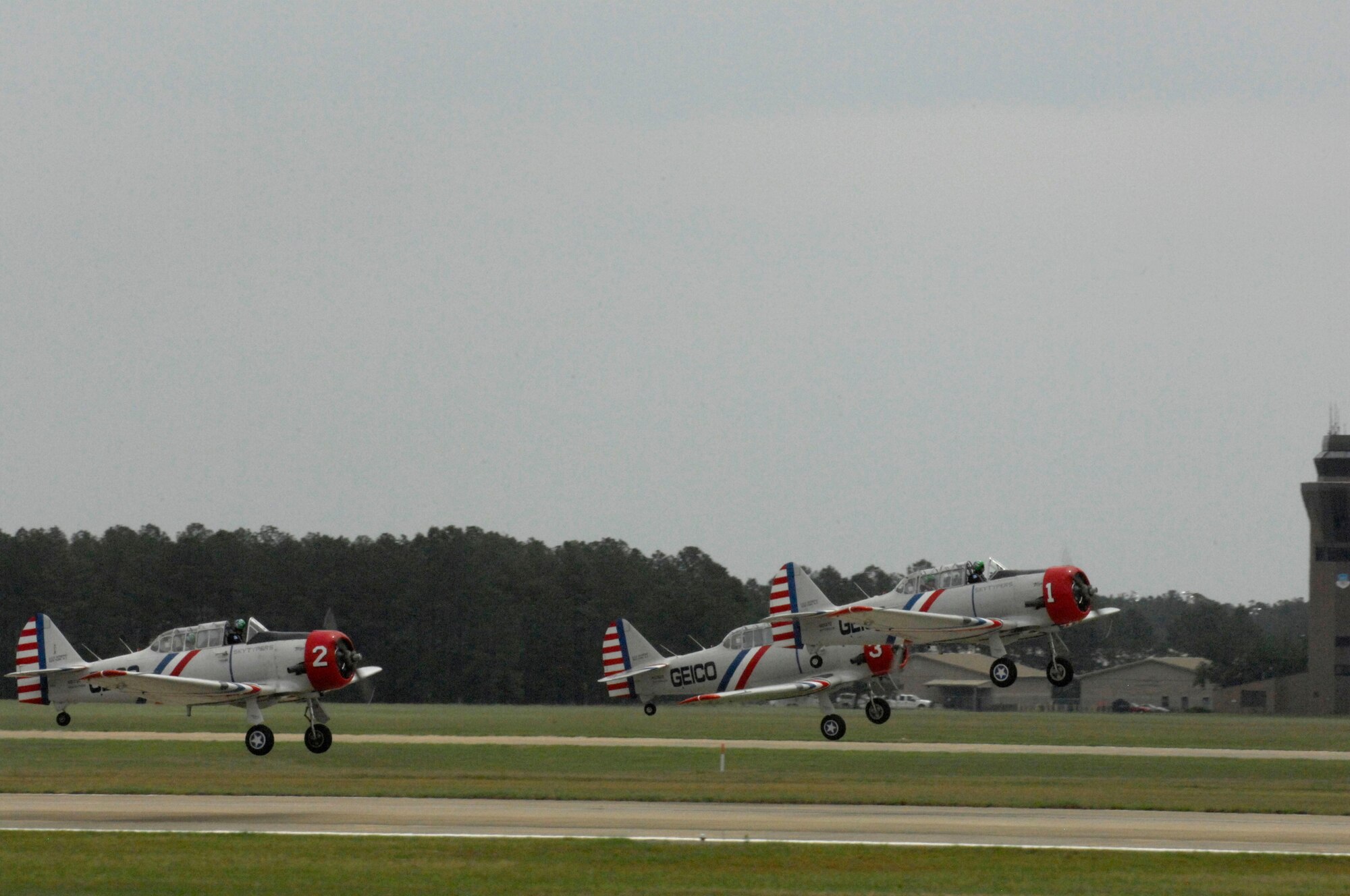 Six BT-13 aircrafts take off for a flight demonstration at Shaw Air Force Base, S.C., during Shaw Air Expo on May 4. Shaw hosted a Military Appreciation and Special Needs Day to start the Shaw Air Expo. The Expo will be open May 5 through 6 and have various performs to include old warbirds and the U.S. Army Golden Knights parachute team. (U.S. Air Force photo by Airman 1st Class Krystal M. Jeffers/Released)