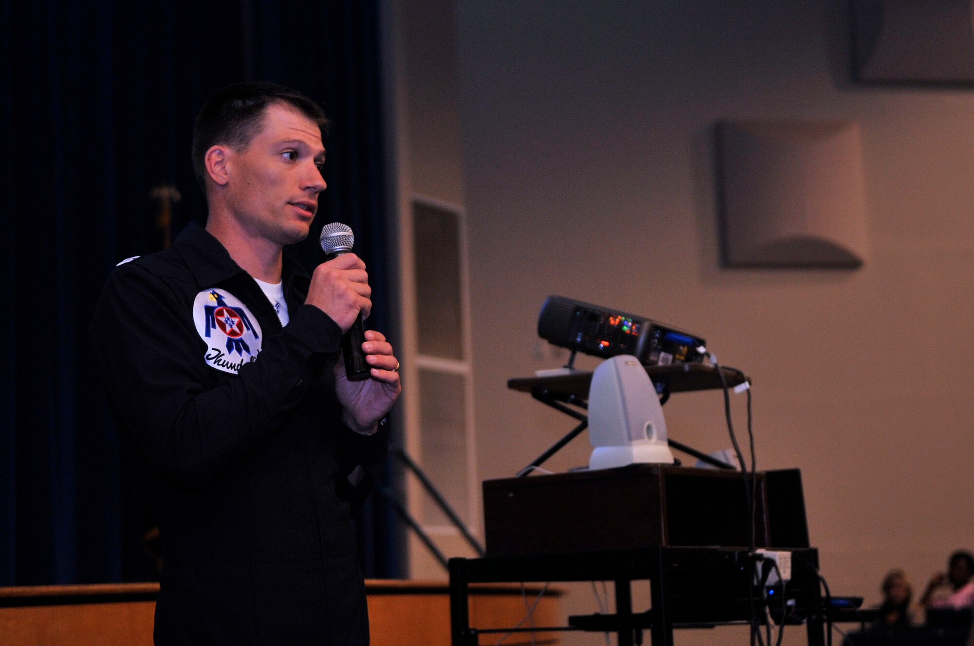 U.S. Air Force Capt. Nicholas Holmes, U.S. Air Force Air Demonstration Team "Thunderbirds" slot pilot, speaks to students about Air Force opportunities, while at Sumter High School, Sumter, S.C., May 4, 2012. The Thunderbirds are performing at the Shaw Air Expo May 5 - 6. (U.S. Air Force photo by Airman Nicole Sikorski/Released)