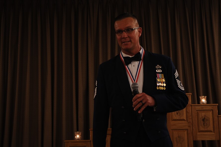 Chief Master Sgt. Christopher Crafton, 319th Civil Engineer Squadron, speaks during the chief’s recognition ceremony at Grand Forks Air Force Base, N.D., on April 27, 2012. (U.S. Air Force photo/Staff Sgt. Amanda N. Grabiec)